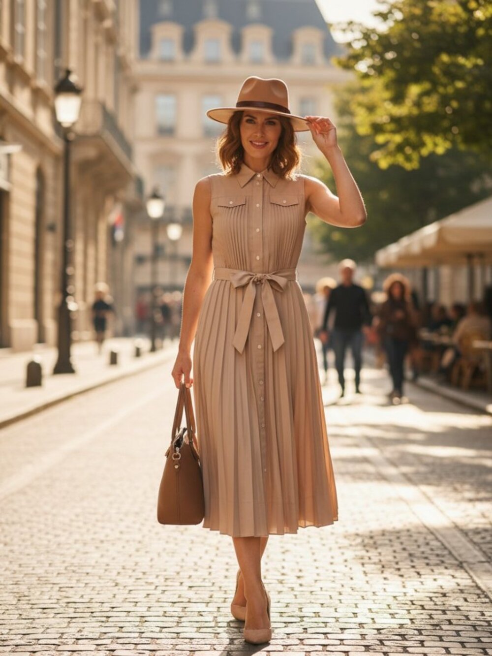 DESIGNER ELIE TAHARI TAN SLEEVELES PLEATED MIDI LENGTH TIE WAIST DRESS MED